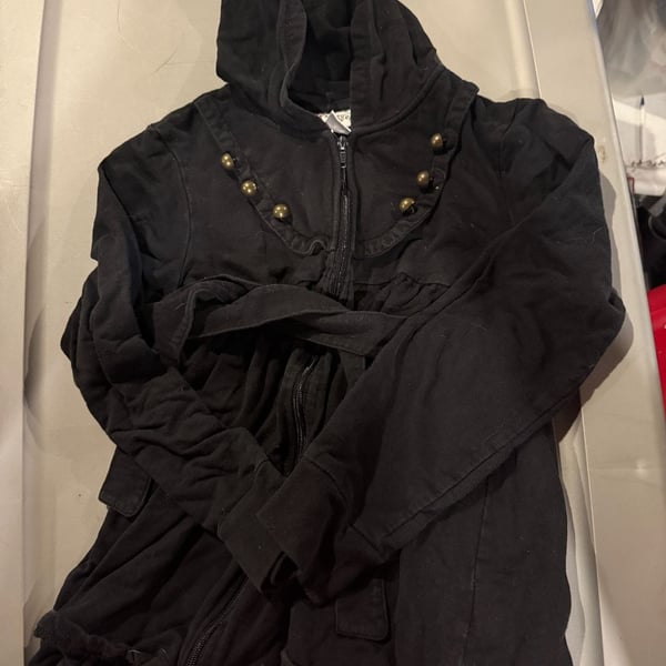 Girls L.A. Kitty Zip Up Hoodie Size Large Black Brass Buttons Ruffled Collar