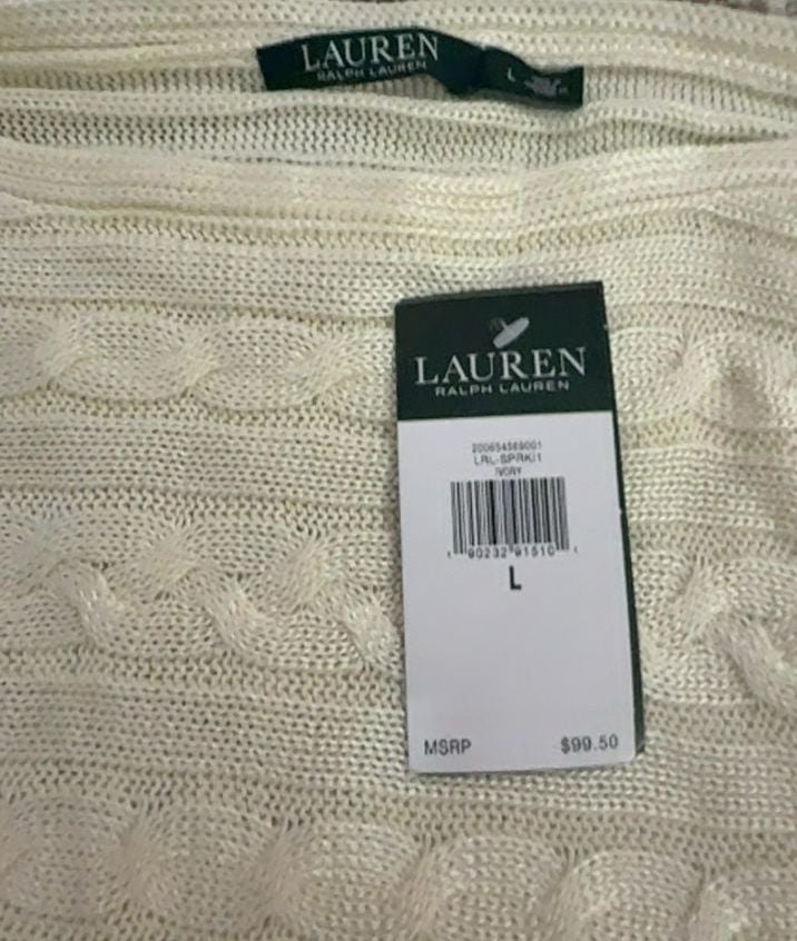 Lauren Ralph Lauren Ivory Horizontal Cable Knit Boatneck Sweater Womens L NWT 7