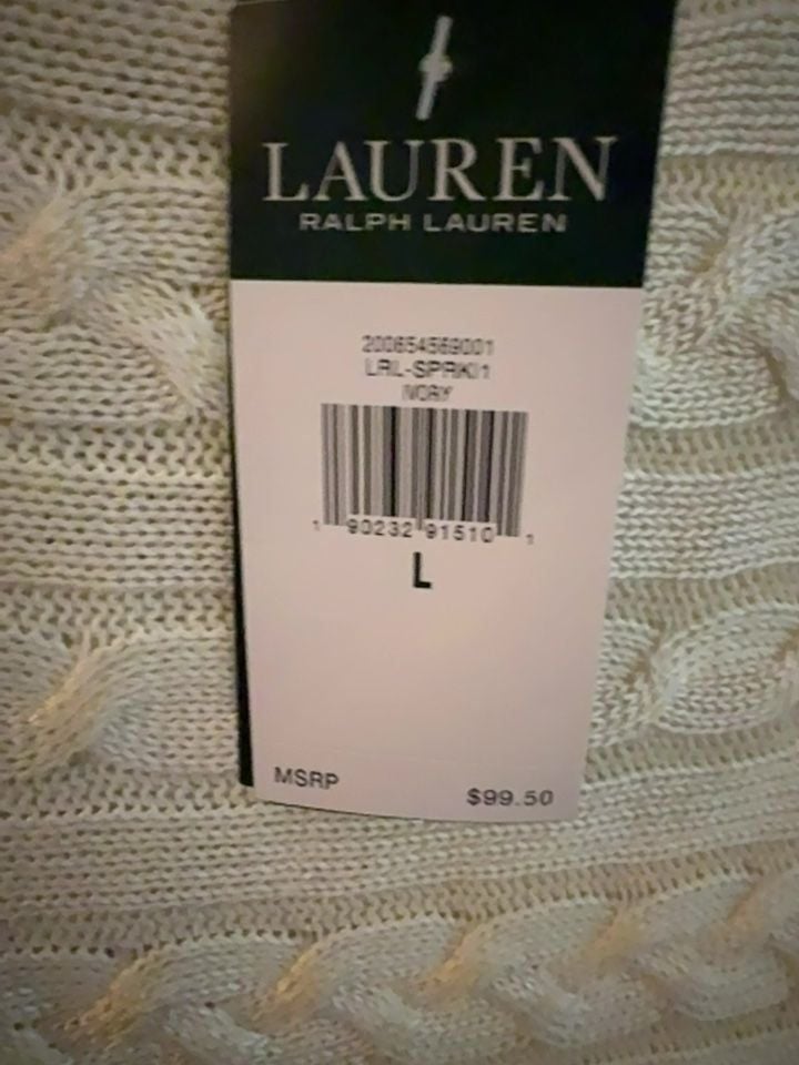 Lauren Ralph Lauren Ivory Horizontal Cable Knit Boatneck Sweater Womens L NWT 8