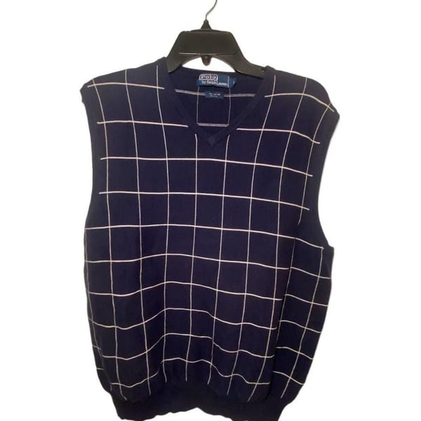 Polo Ralph Lauren Men L Sweater Vest Navy Blue Windowpane Plaid Knit V-Neck VTG