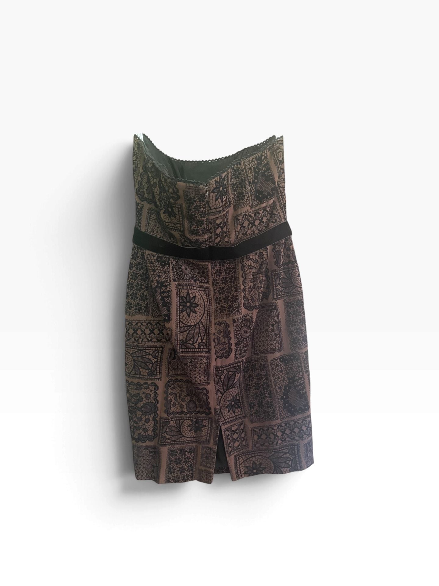 Vintage 90s Y2K Maggy London Strapless Dress Lace Patchwork Print Size 14 11