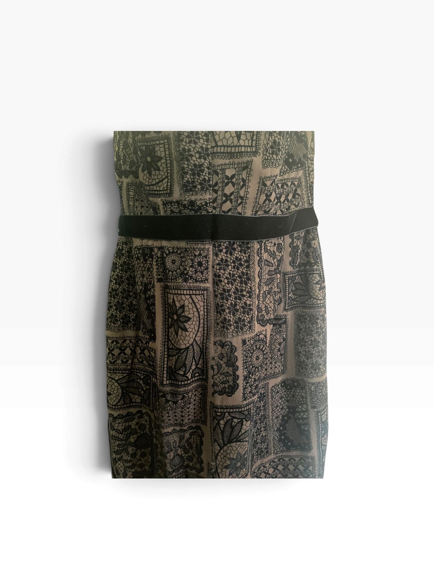 Vintage 90s Y2K Maggy London Strapless Dress Lace Patchwork Print Size 14 12
