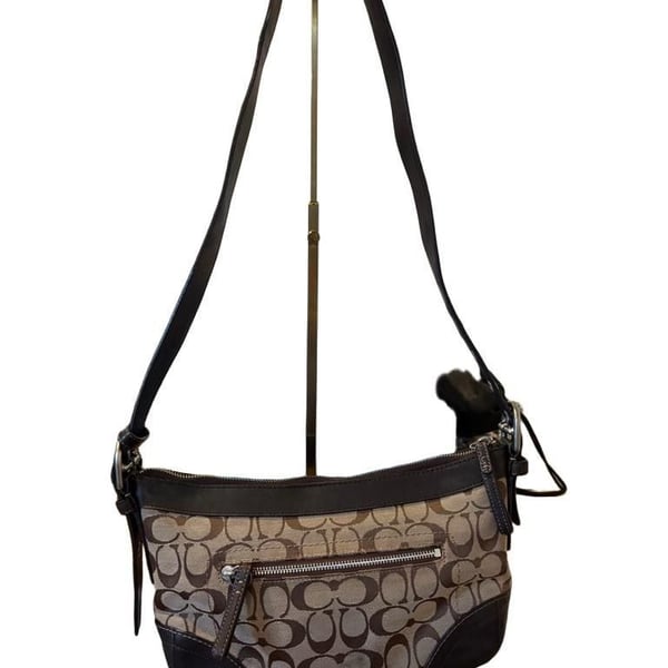 Coach Signature Jacquard Shoulder Bag – Brown Leather Trim