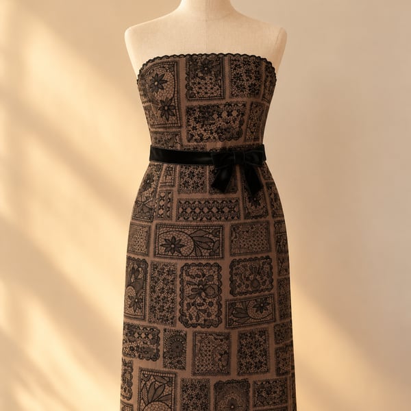 Vintage 90s Y2K Maggy London Strapless Dress Lace Patchwork Print Size 14