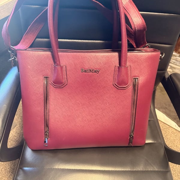 BaiMay Red Saffiano Leather Tote Handbag With Front Zipper Pockets