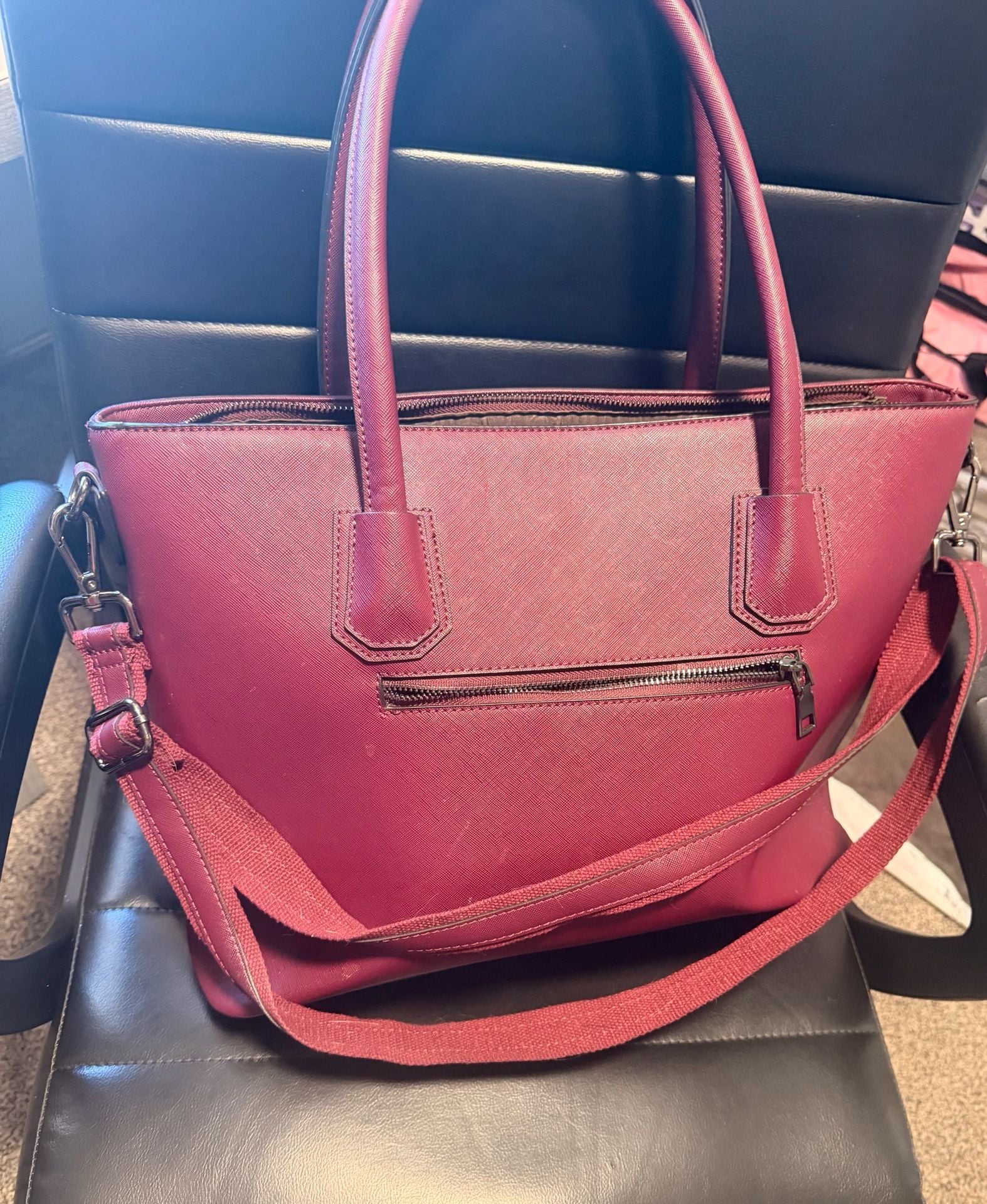 BaiMay Red Saffiano Leather Tote Handbag With Front Zipper Pockets 8