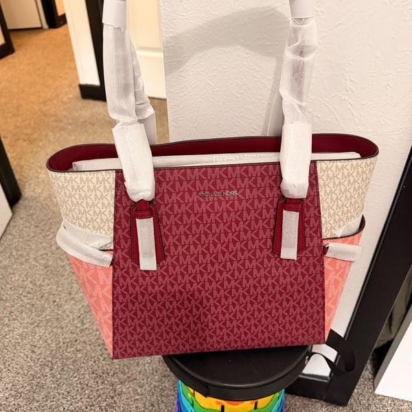 Michael Kors Voyager Large Color-Block Signature Logo Tote Bag Maroon