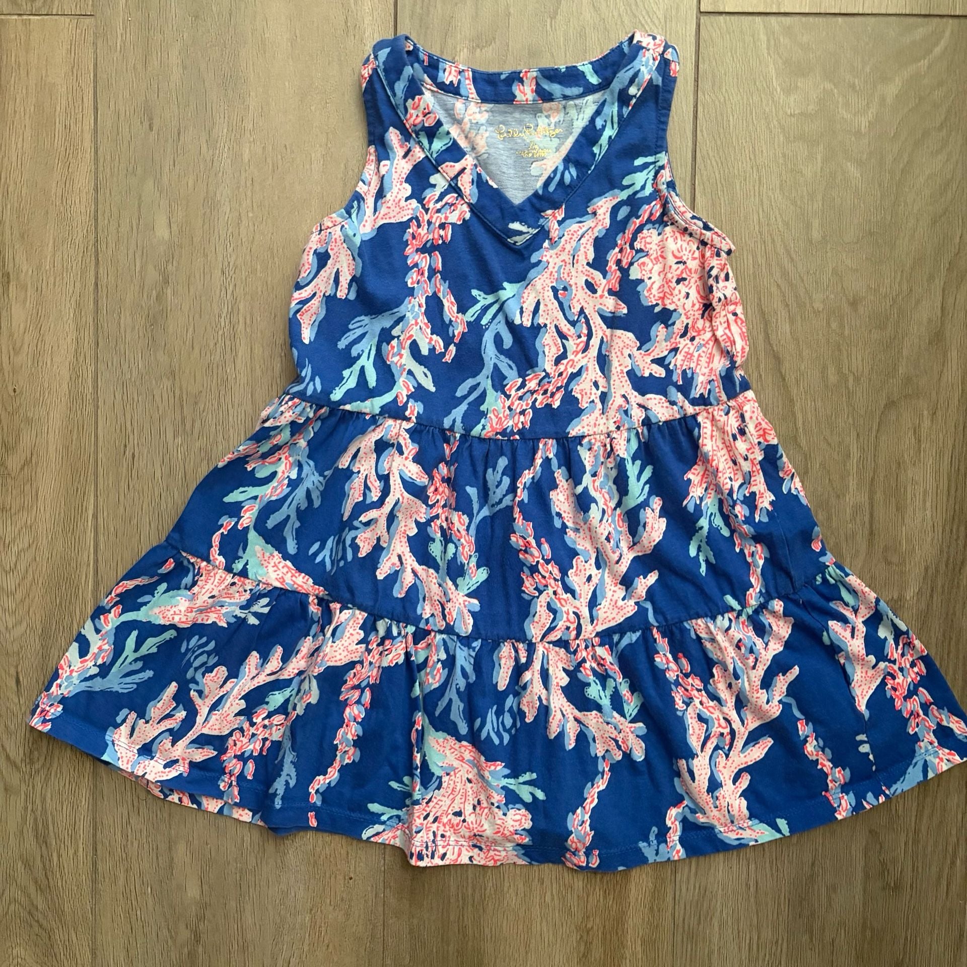 Lilly Pulitzer Girls Mini Lorina Dress Size 4-5 Blue Coral Print Sleeveless 2