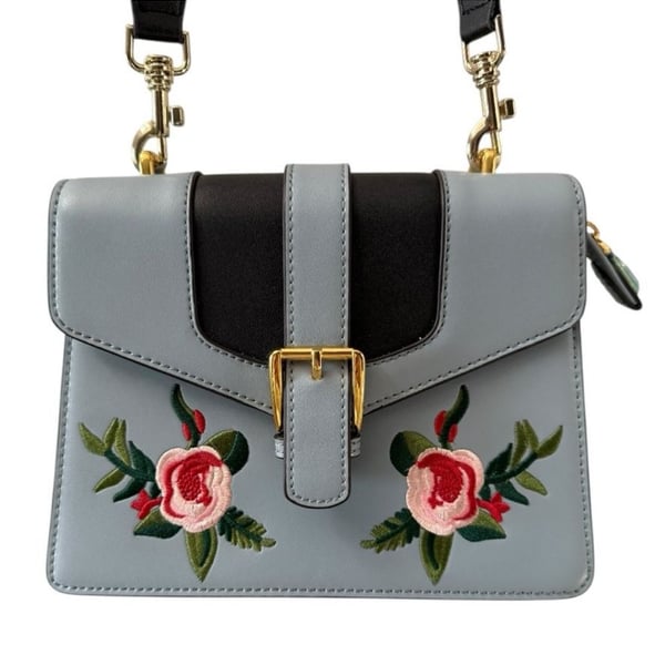 LA FESTIN Embroidered Floral Shoulder Bag Blue Leather.New!