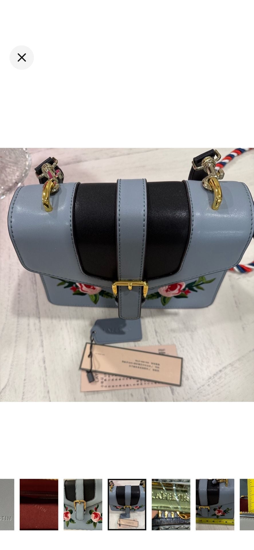 LA FESTIN Embroidered Floral Shoulder Bag Blue Leather.New! 7