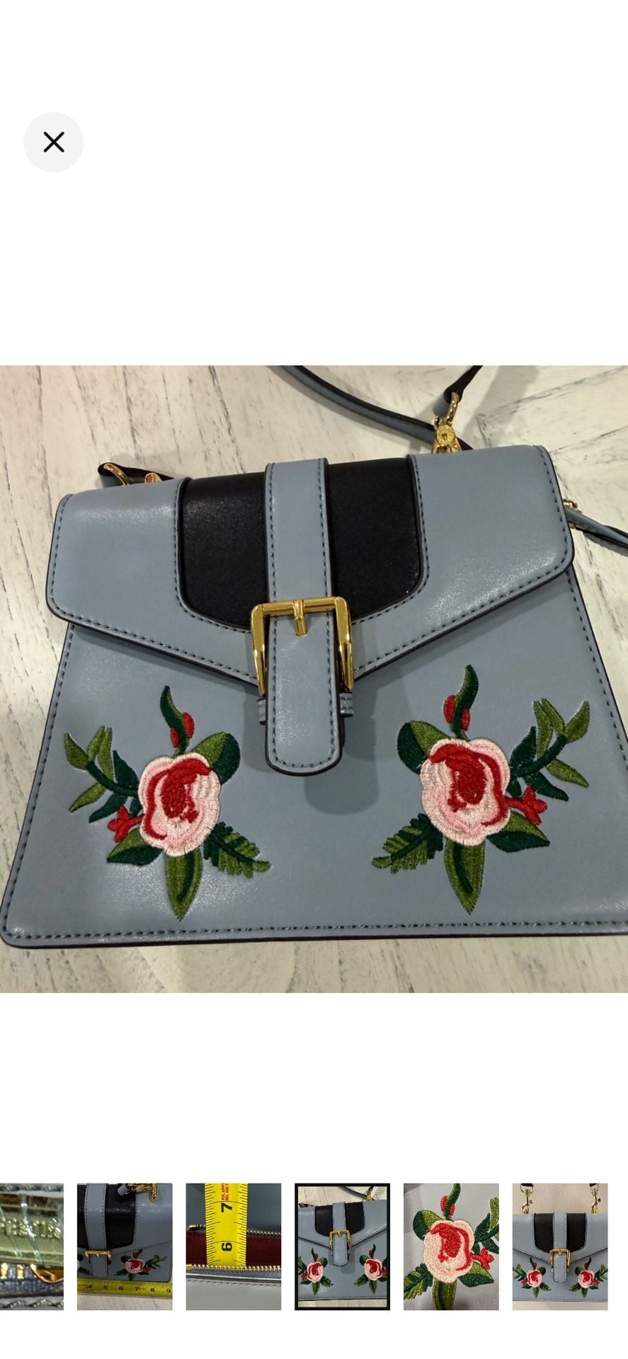 LA FESTIN Embroidered Floral Shoulder Bag Blue Leather.New! 11