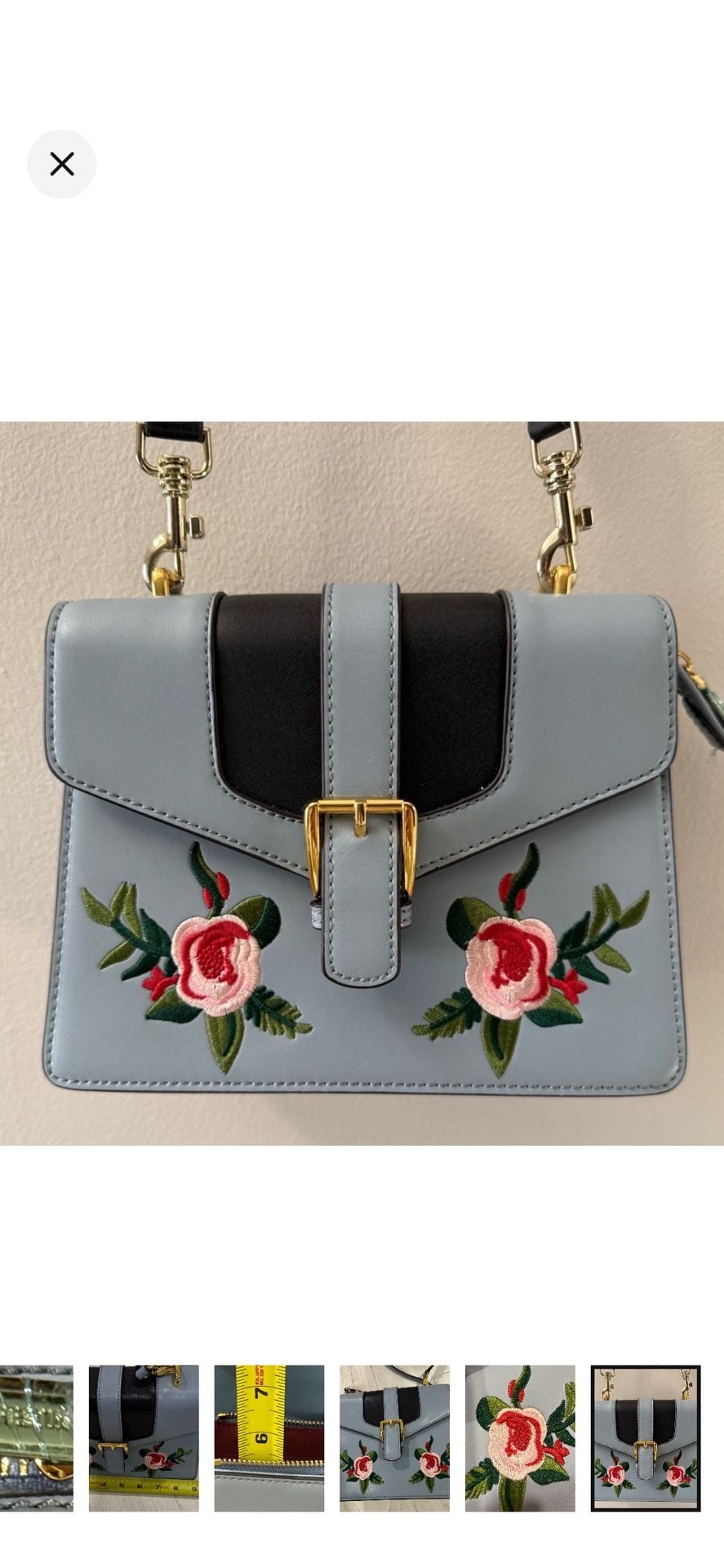 LA FESTIN Embroidered Floral Shoulder Bag Blue Leather.New! 13