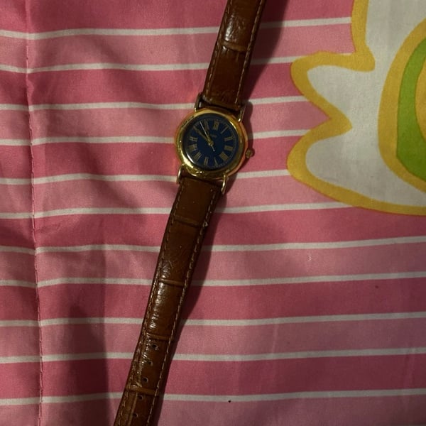 GUESS Watch Blue Dial Roman Numerals Gold Tone Brown Leather Strap