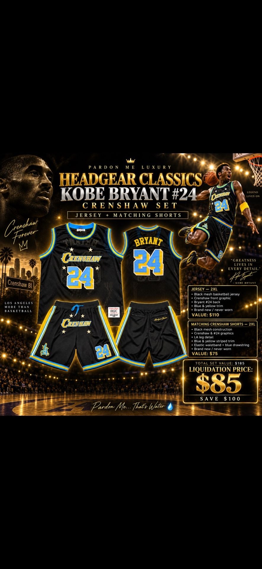 Headgear Classics Kobe Bryant Crenshaw #24 Jersey & Shorts Set 1
