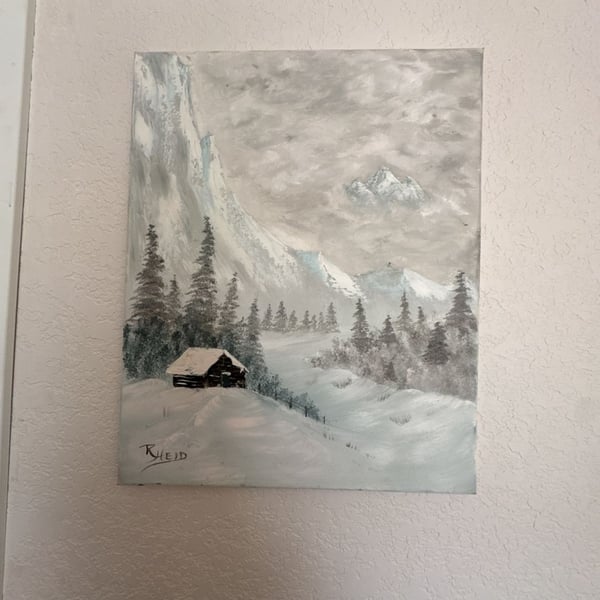  Original Winter Mountain Landscape Cabin Oil Painting Signed