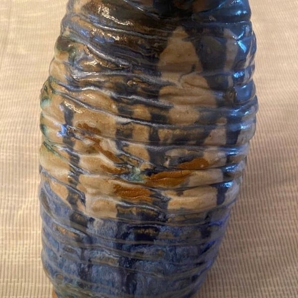 Studio Pottery Art Ceramic Vase Coiled Blue and Brown Glaze