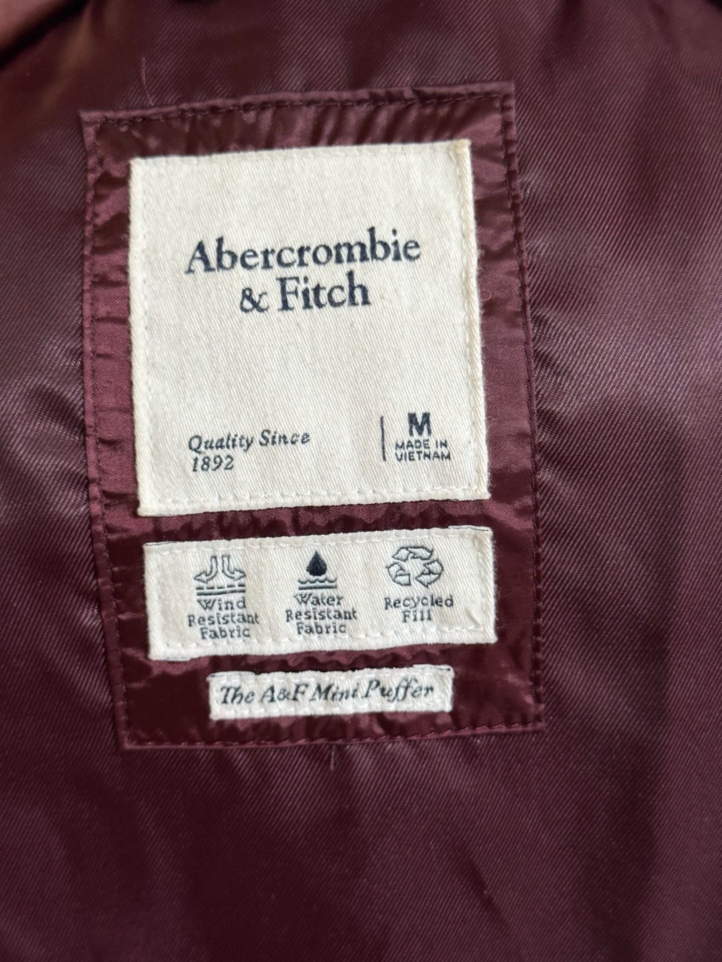 Abercrombie & Fitch The A&F Mini Puffer Size M Burgundy Wine Winter Jacket 7