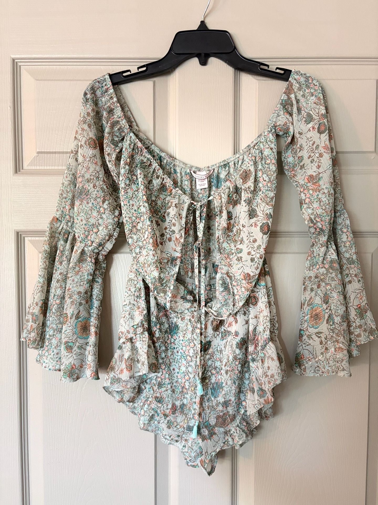 Victoria's Secret Romper Size XS Bell Sleeve Boho Y2KFestival Metallic Sheer 2