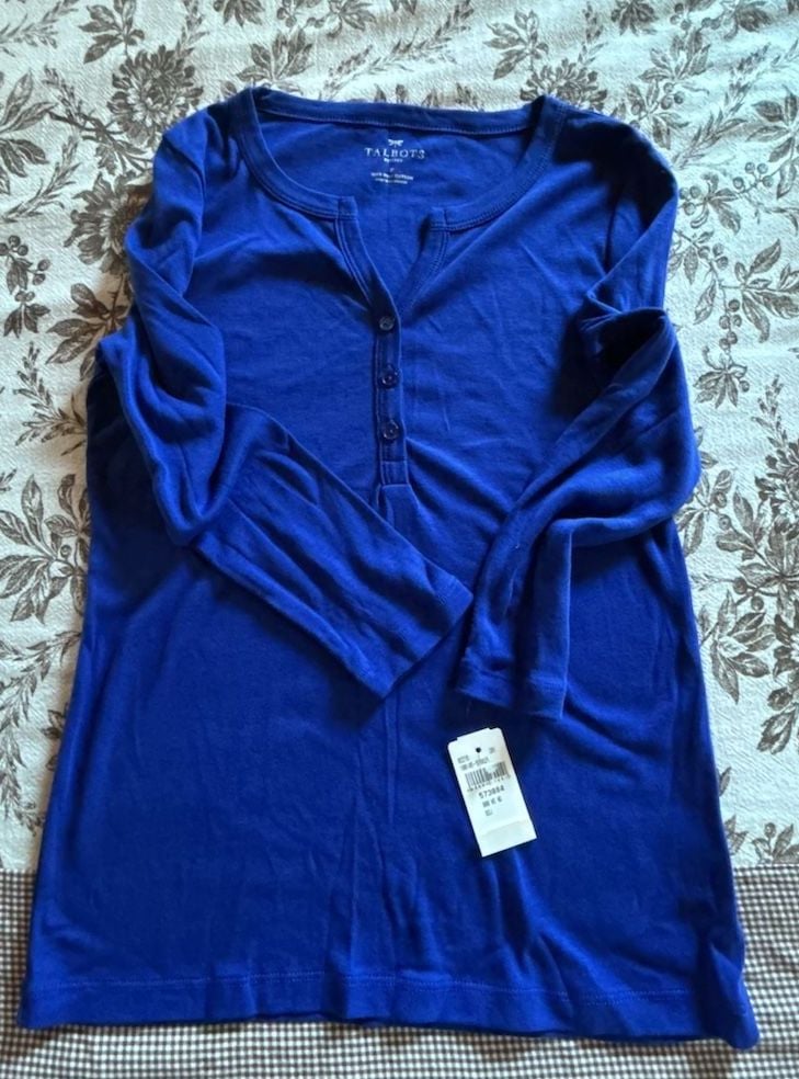 Talbots Henley Top Size P Blue Pima Cotton 3/4 Sleeve 1