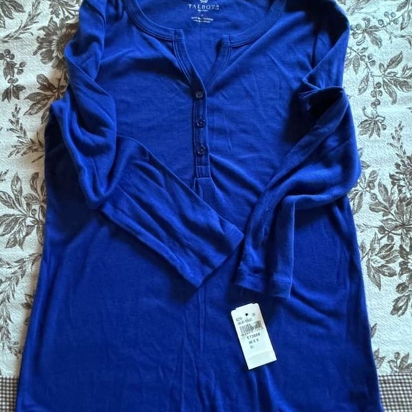 Talbots Henley Top Size P Blue Pima Cotton 3/4 Sleeve