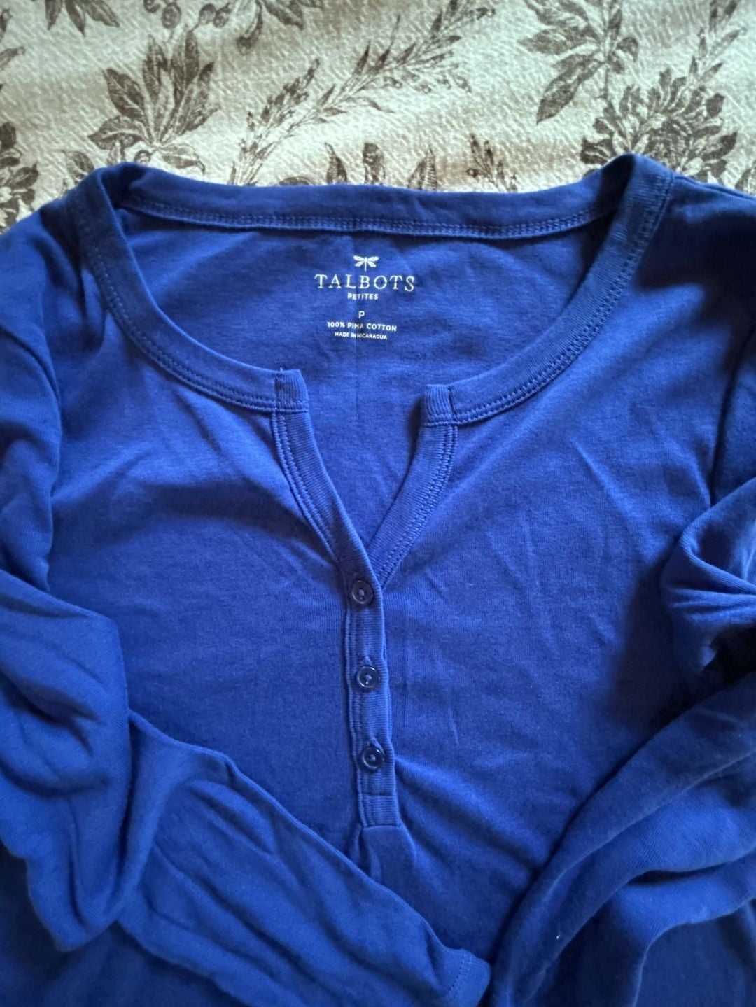 Talbots Henley Top Size P Blue Pima Cotton 3/4 Sleeve 3
