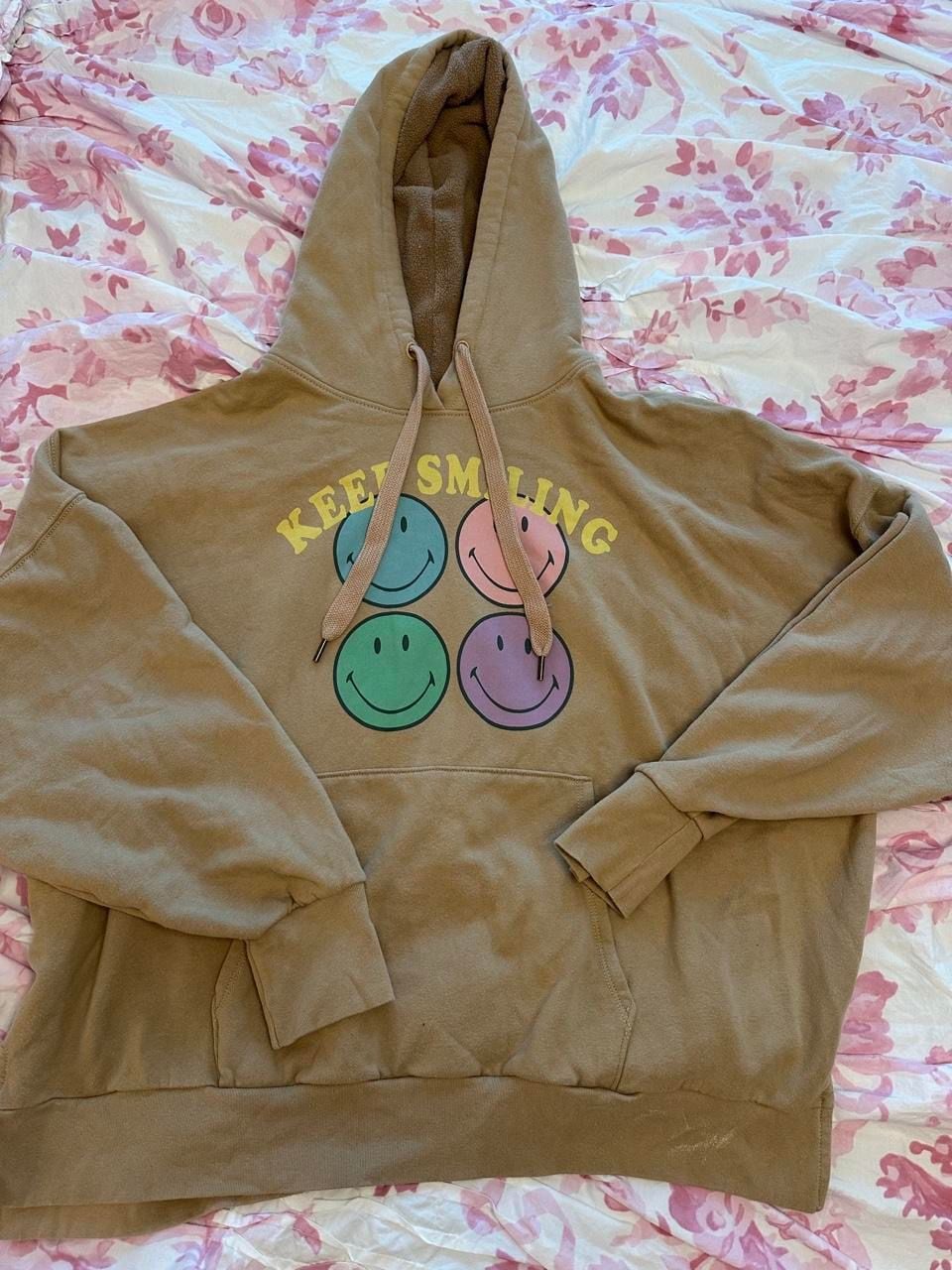 American Eagle Huggable Happy Face Hoodie Size L Keep Smiling Tan 2