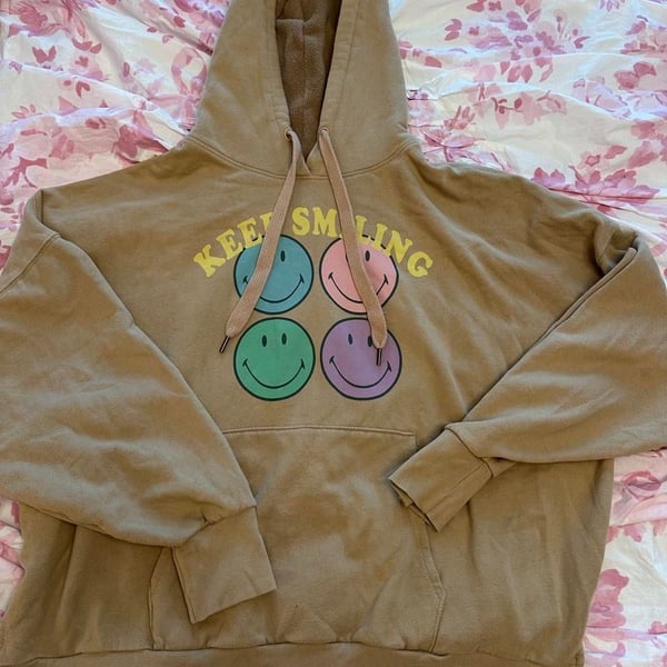 American Eagle Huggable Happy Face Hoodie Size L Keep Smiling Tan