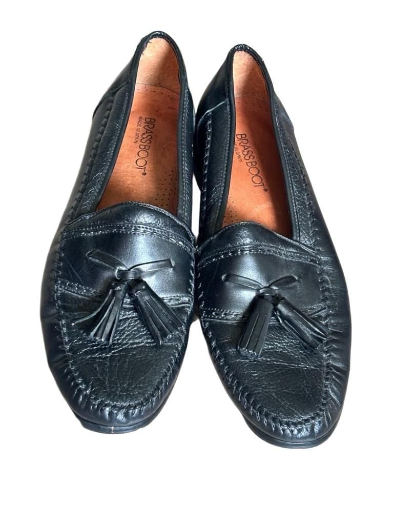 Brass Boot Tassel Loafers Size 10 Black Leather Slip On Shoes 3
