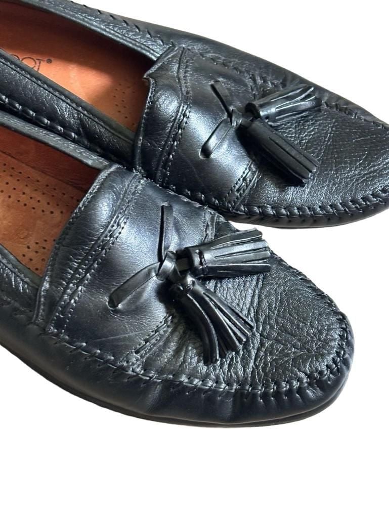 Brass Boot Tassel Loafers Size 10 Black Leather Slip On Shoes 2