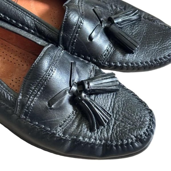 Brass Boot Tassel Loafers Size 10 Black Leather Slip On Shoes