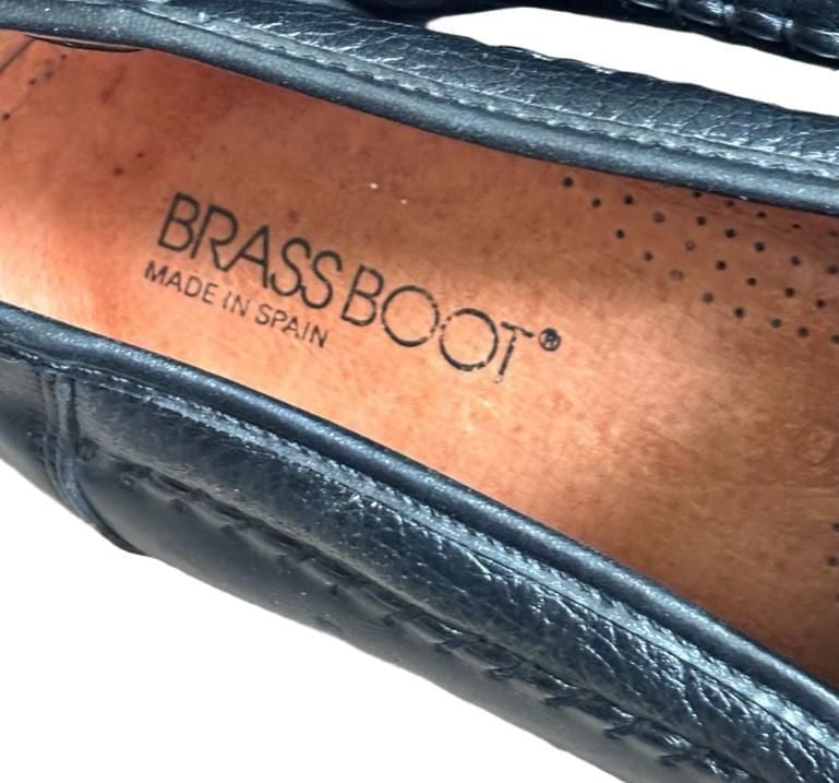 Brass Boot Tassel Loafers Size 10 Black Leather Slip On Shoes 4