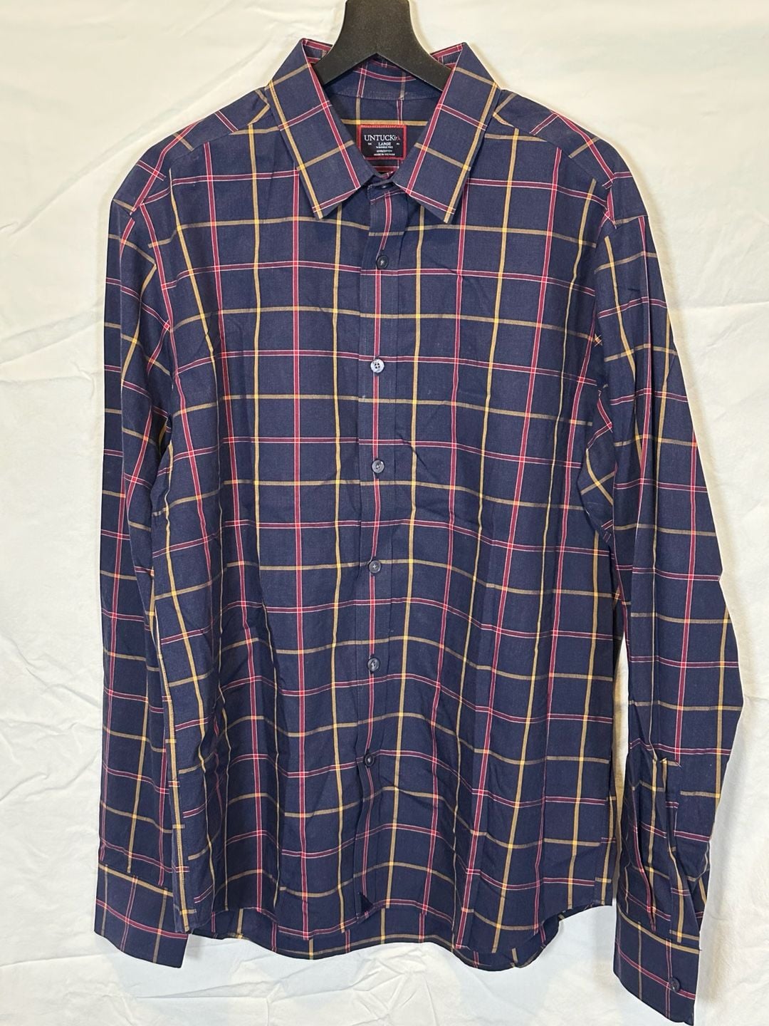 UNTUCKit Georgio WF Shirt Large Navy Plaid Wrinkle Free Cotton 2