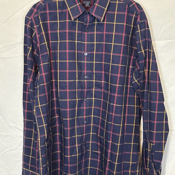 UNTUCKit Georgio WF Shirt Large Navy Plaid Wrinkle Free Cotton