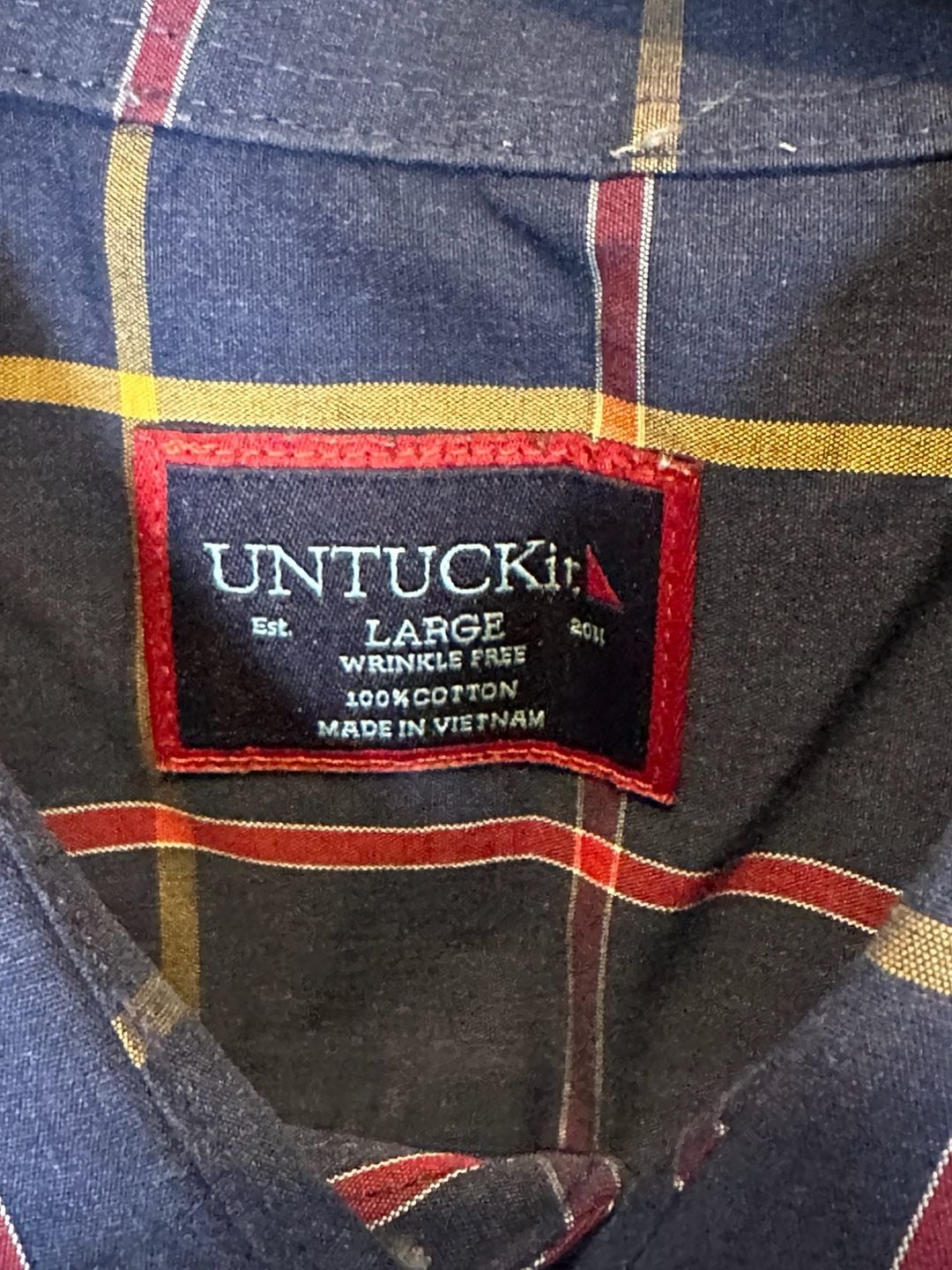 UNTUCKit Georgio WF Shirt Large Navy Plaid Wrinkle Free Cotton 4