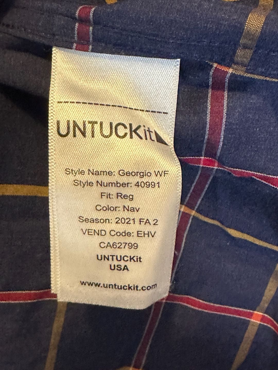 UNTUCKit Georgio WF Shirt Large Navy Plaid Wrinkle Free Cotton 5