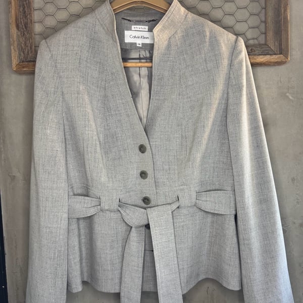Calvin Klein Blazer Jacket Size 14 Gray Stretch Belted Open Collar