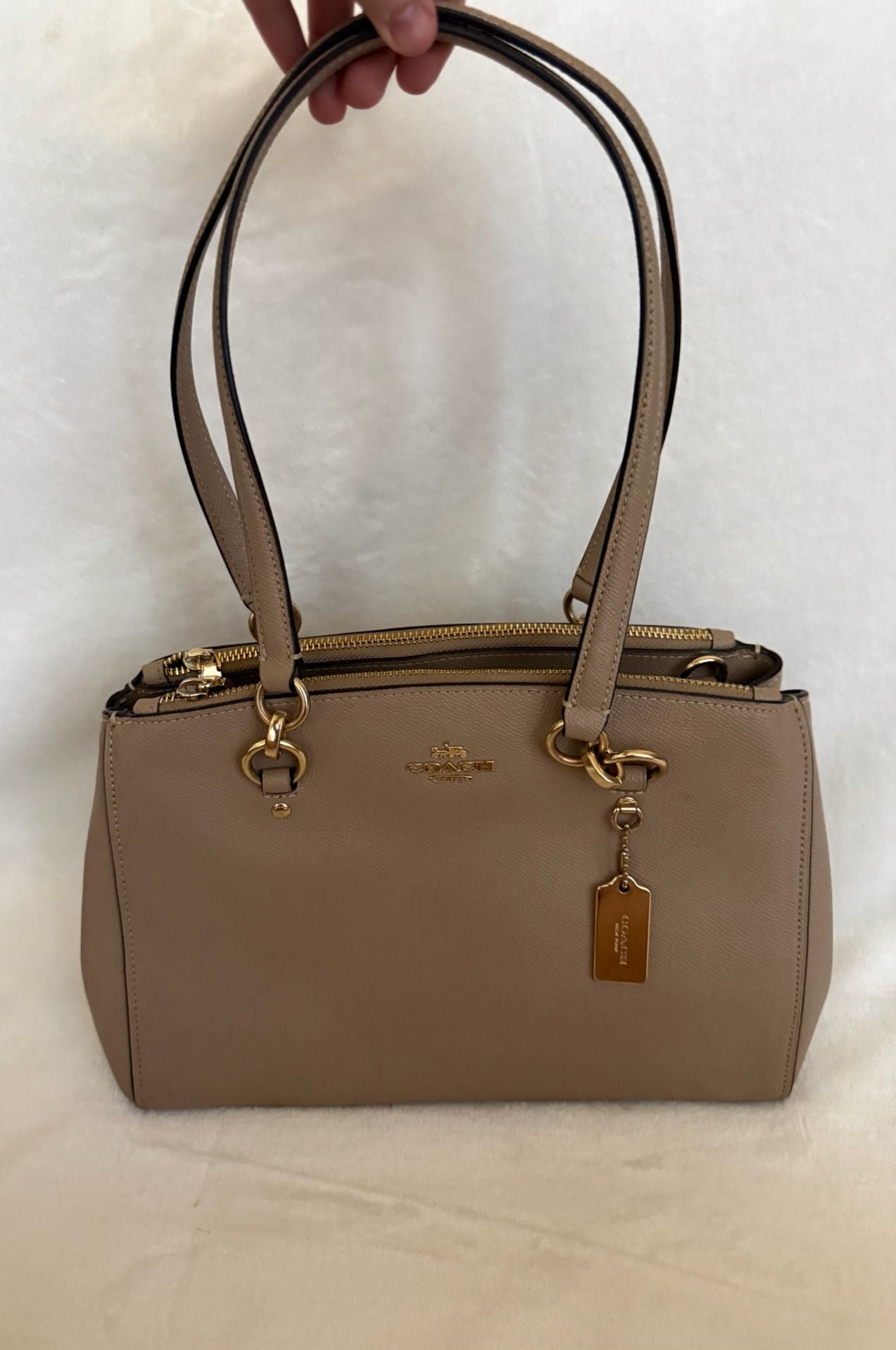 Coach Etta Carryall Crossgrain Leather Satchel Taupe Beige Gold Hardware + Crossbody Strap
2