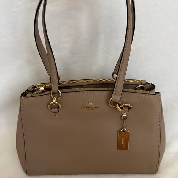 Coach Etta Carryall Crossgrain Leather Satchel Taupe Beige Gold Hardware + Crossbody Strap