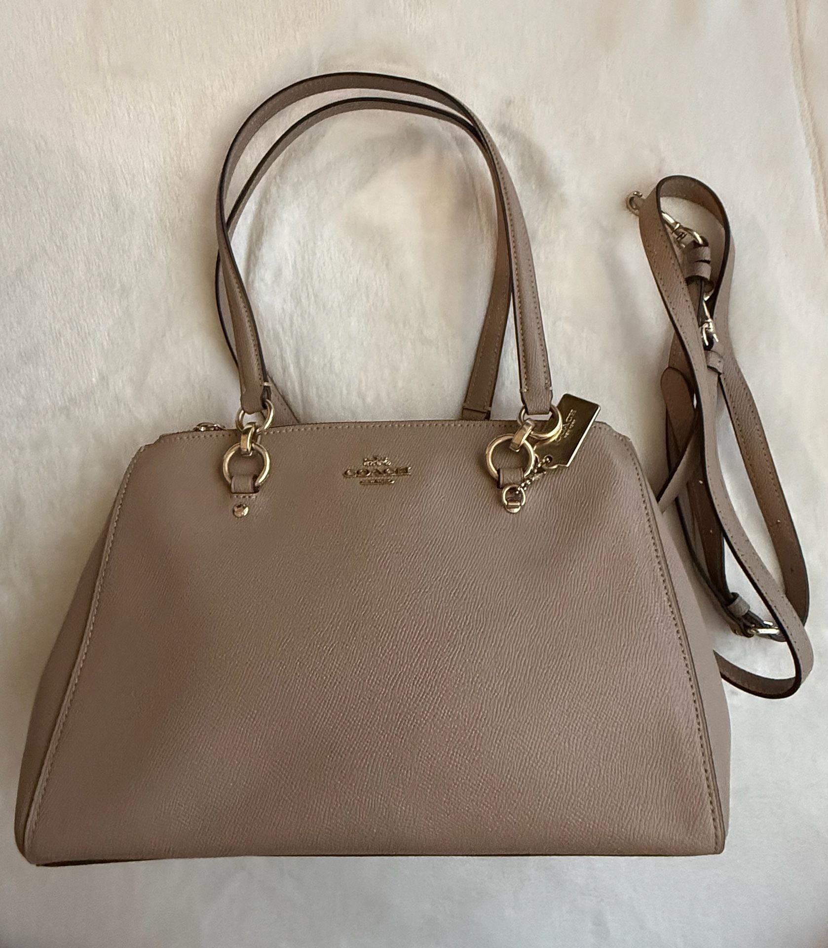 Coach Etta Carryall Crossgrain Leather Satchel Taupe Beige Gold Hardware + Crossbody Strap
3