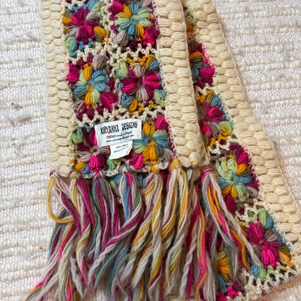 Nirvanna Designs Granny Square Wool Scarf Multicolor Hand Made