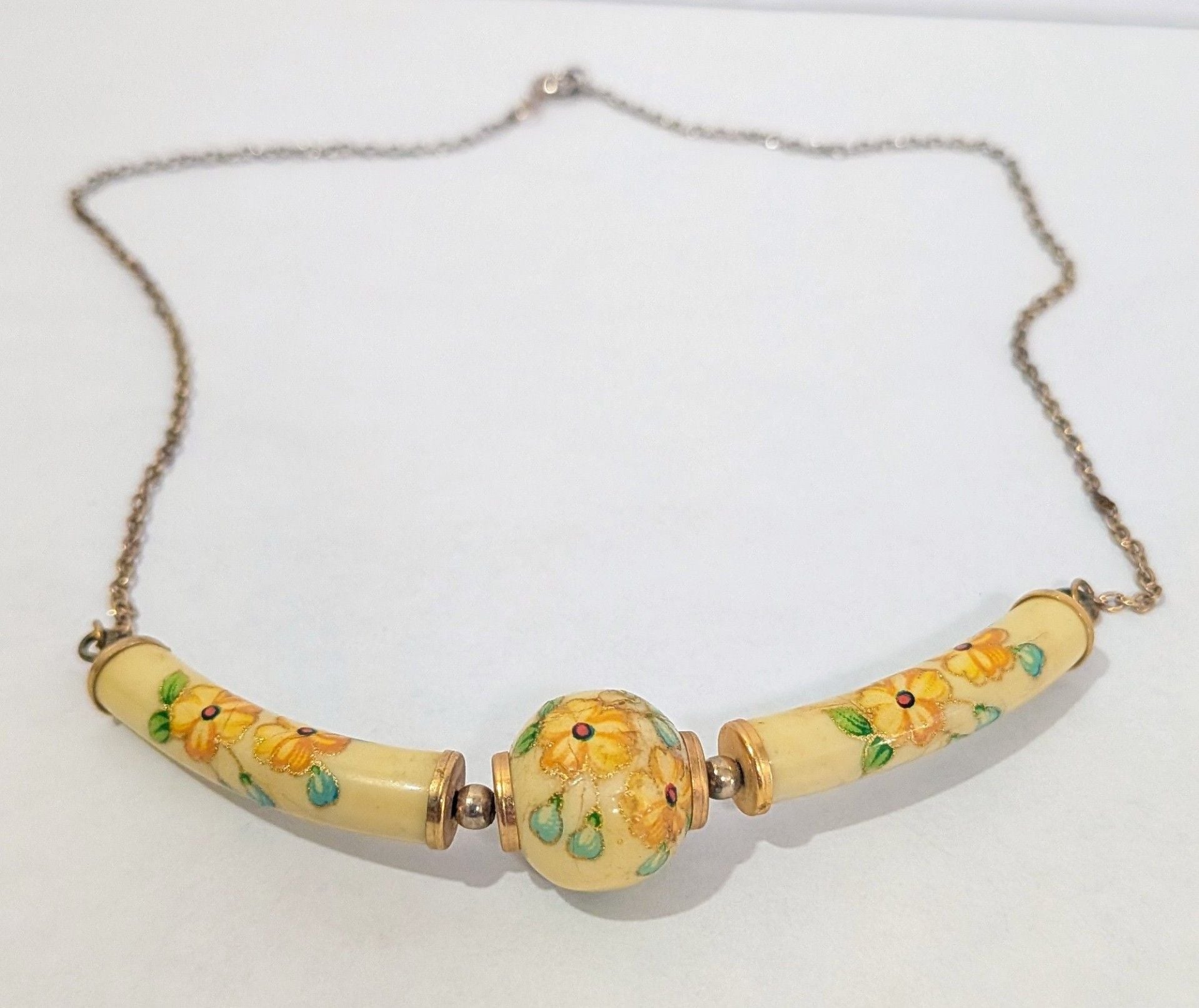 Vintage 60s/70s Floral Porcelain Bib Choker Necklace Japan Yellow Orange As Is 2