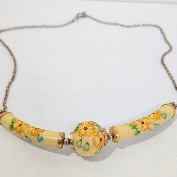 Vintage 60s/70s Floral Porcelain Bib Choker Necklace Japan Yellow Orange As Is