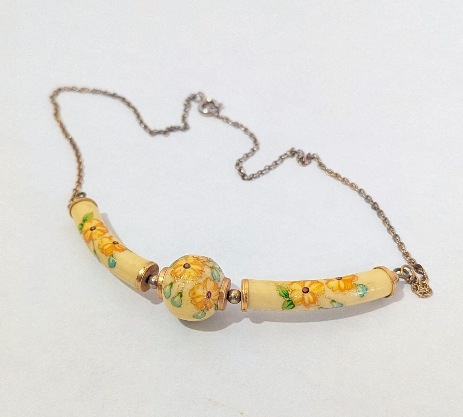 Vintage 60s/70s Floral Porcelain Bib Choker Necklace Japan Yellow Orange As Is 3