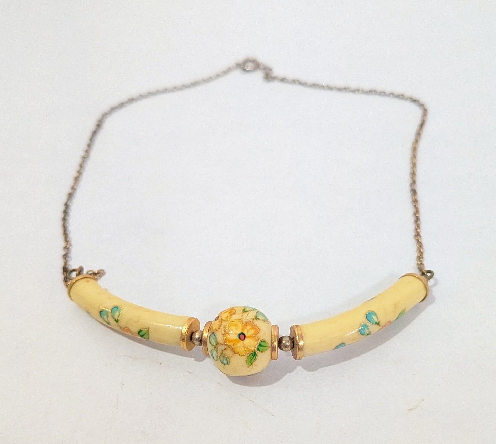 Vintage 60s/70s Floral Porcelain Bib Choker Necklace Japan Yellow Orange As Is 4