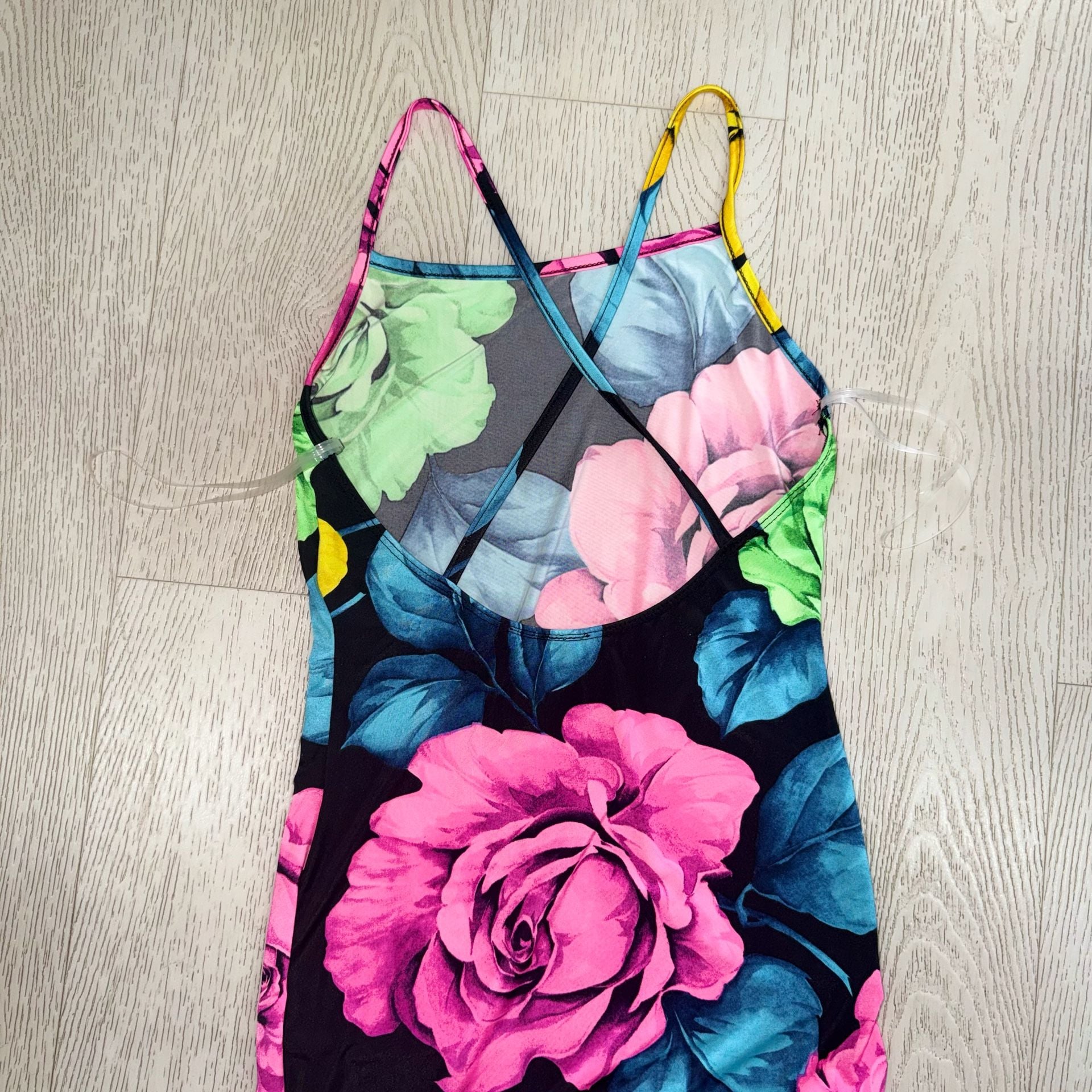MAGIA U.S.A. Floral Maxi Dress Size M Black Rose Print Cross Back 5