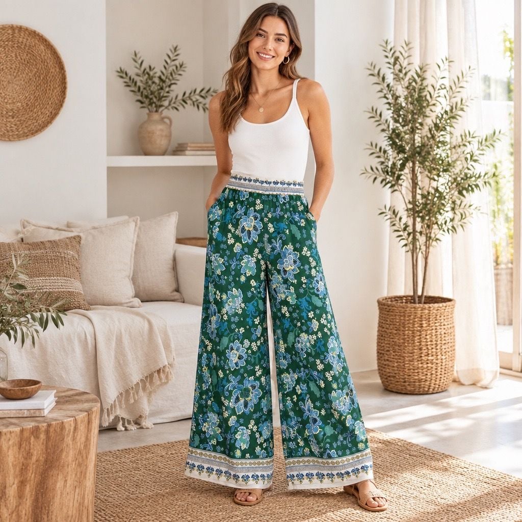 maeve Wide Leg Pants Size XL Green Floral Printed Palazzo 2
