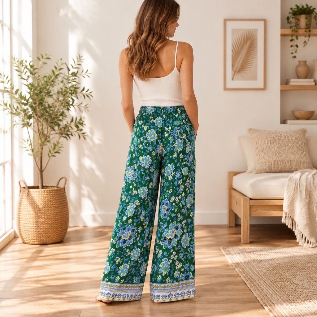 maeve Wide Leg Pants Size XL Green Floral Printed Palazzo 3