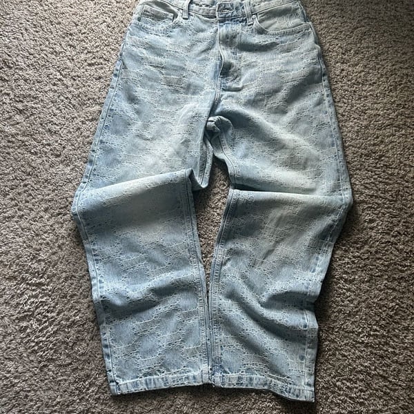 Bershka Baggy Jeans Size 36 Light Wash Distressed Laser Cut