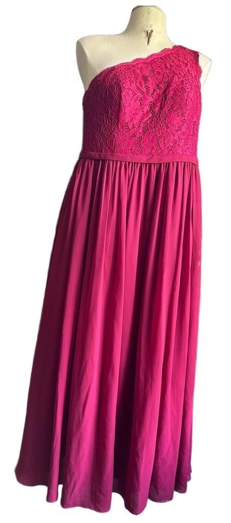 Azazie One Shoulder Maxi Dress Size 12 Hot Pink Lace Chiffon 2