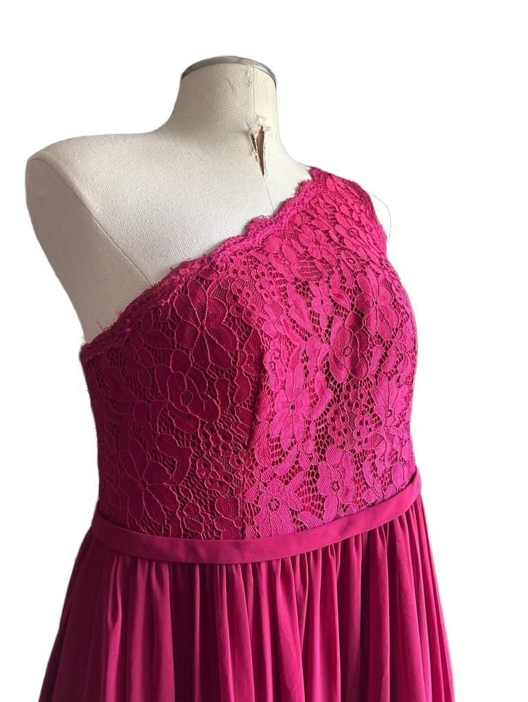 Azazie One Shoulder Maxi Dress Size 12 Hot Pink Lace Chiffon 3